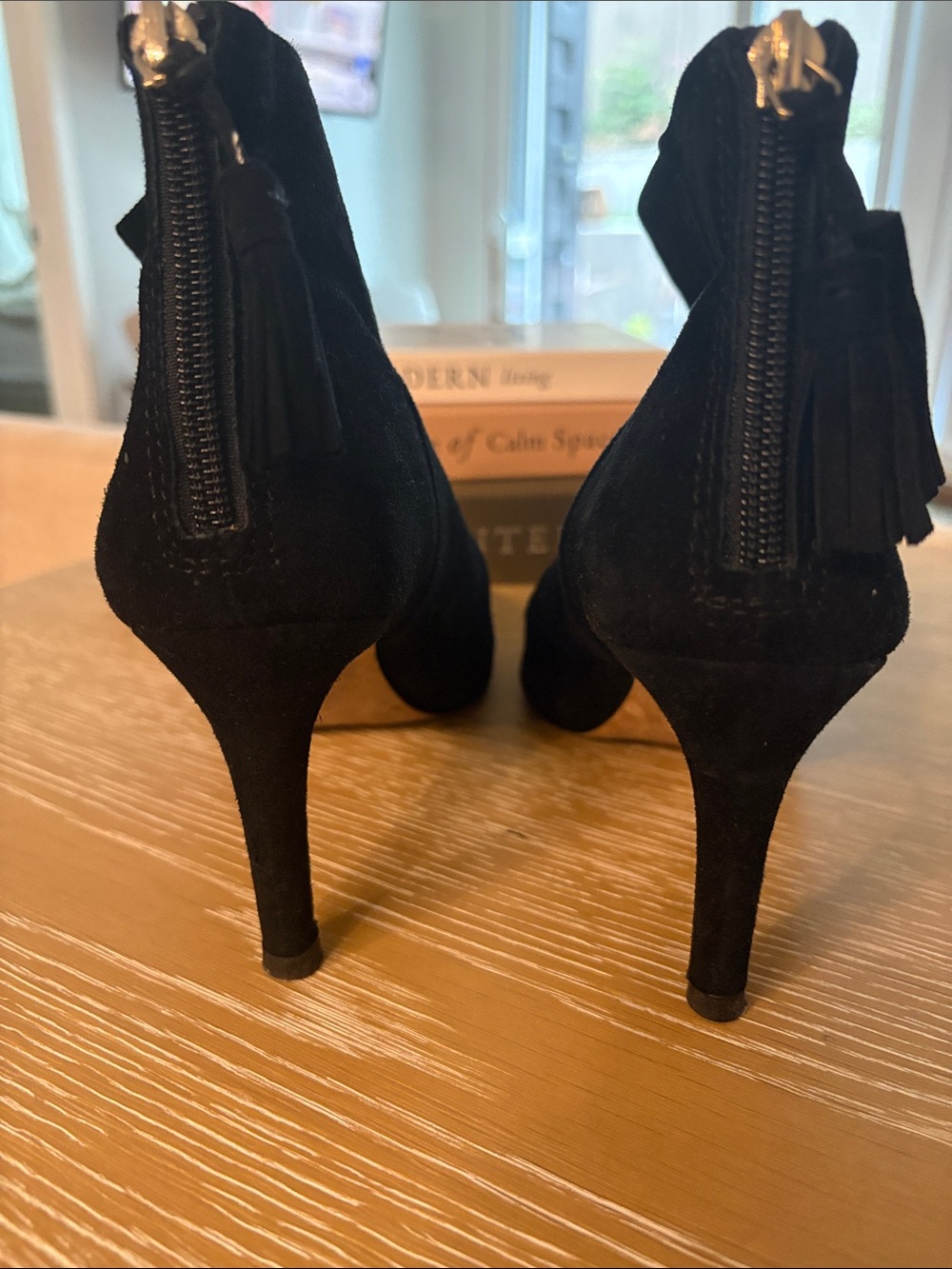 Ann Taylor Black Suede Tassel Back-Zip Stiletto Ankle Booties